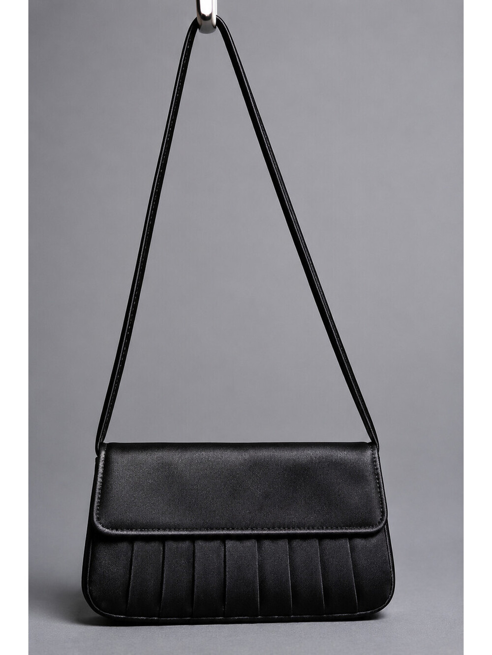 Nina New York Black Pleated Satin Flap Shoulder Bag Evening Purse Pink Lining